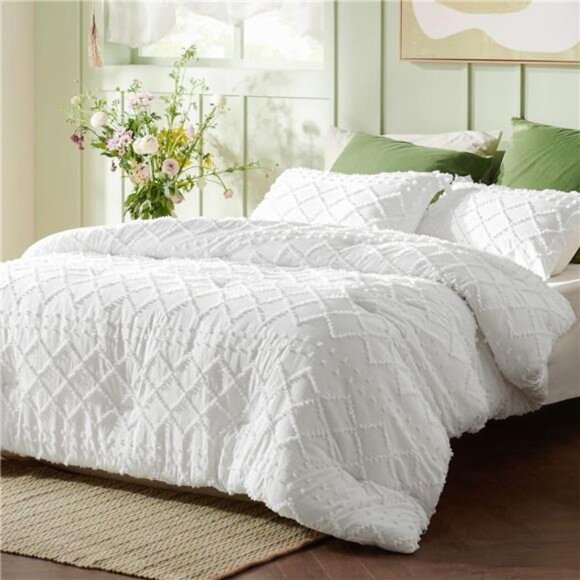 Queen Comforter Set - White Comforter, Boho Tufted Shabby Chic Bedding Comforter - Picture 2 of 7